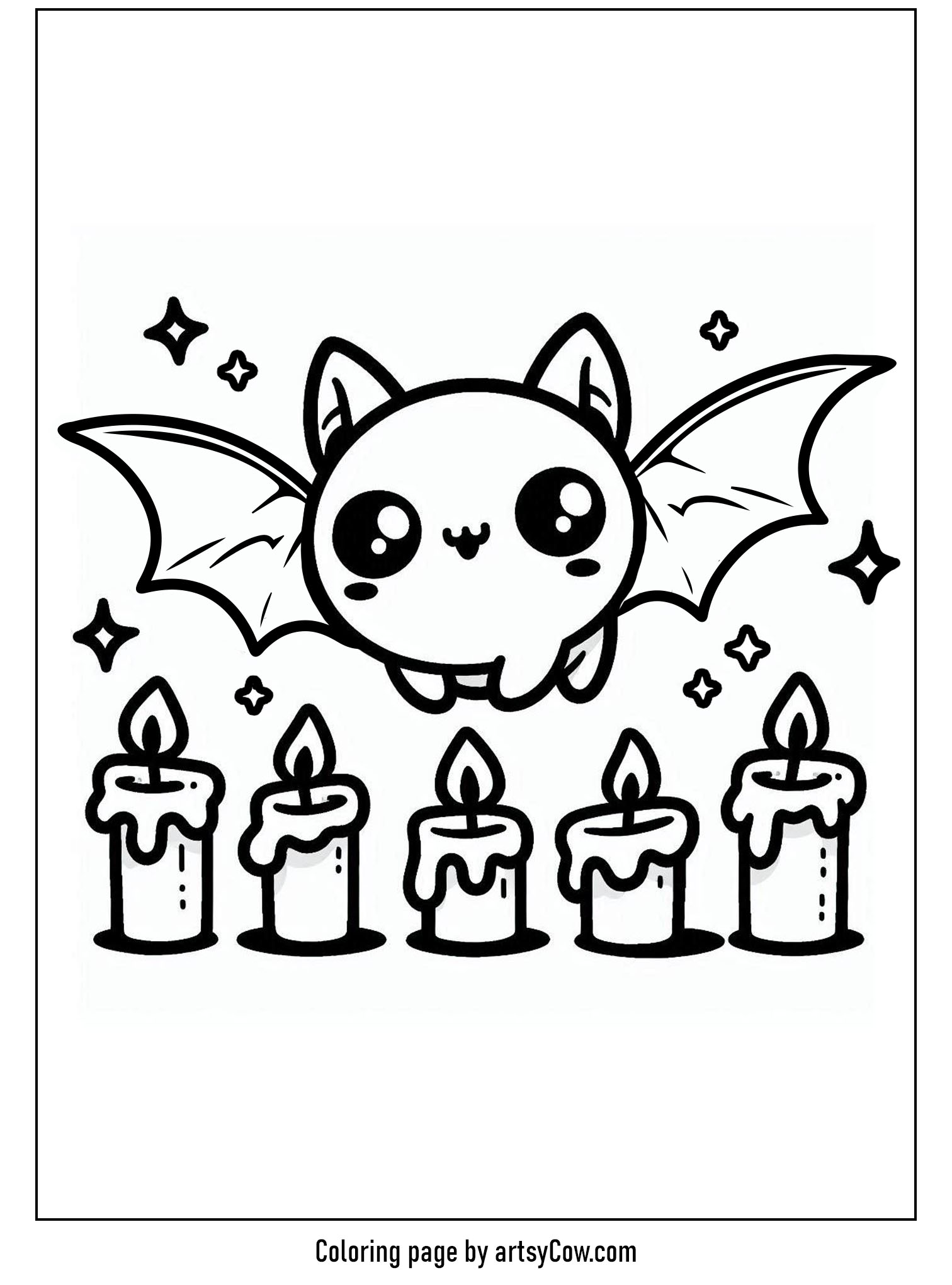 halloween coloring pages with bats; the image shows a cute cartoon bat with large eyes flying over several lit candles.